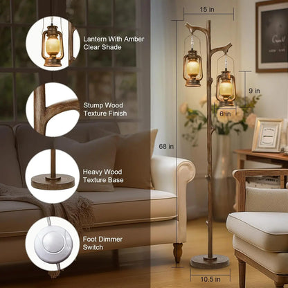 68" Rustic Farmhouse Tree Trunk Floor Lamp with Lantern, Stepless Dimmable, Brown Wood Finish