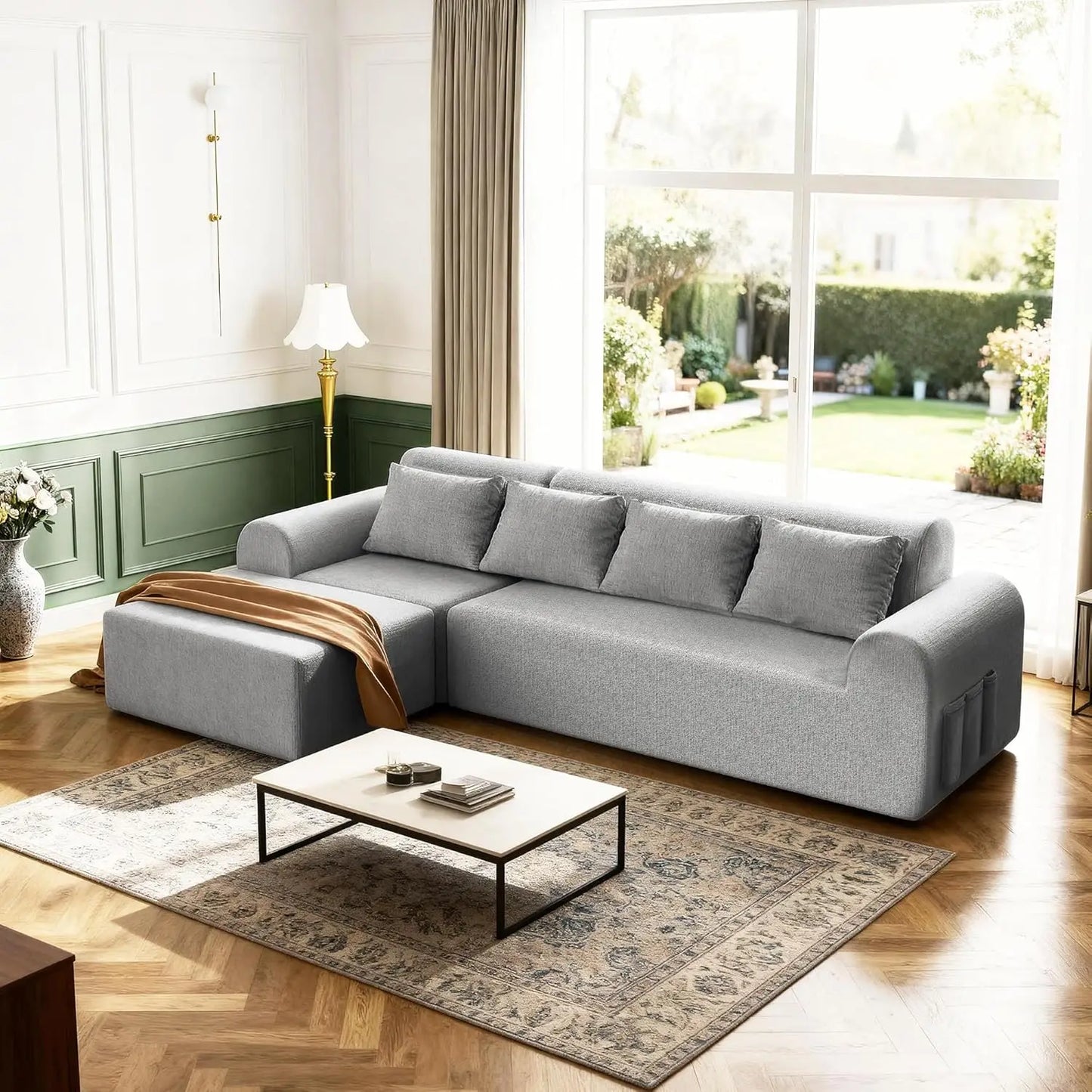 Cloud Boneless Sectional Sofa for Living Room, 4-Seater L-Shaped Comfy Couch with Ottoman, 4 Pillows, Deep, Customized