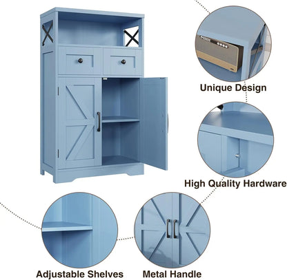 Farmhouse Blue Storage Cabinet with Barn Doors & Drawers, Kitchen Pantry Organizer for Home