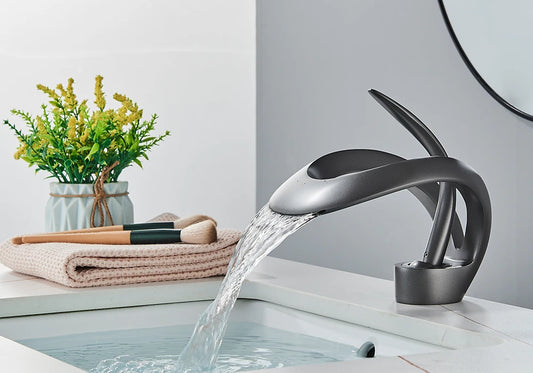 Rozin Luxury Black Basin Faucet Grey Bathroom Waterfall Mixer Tap Brass Deck Mount Modern Style