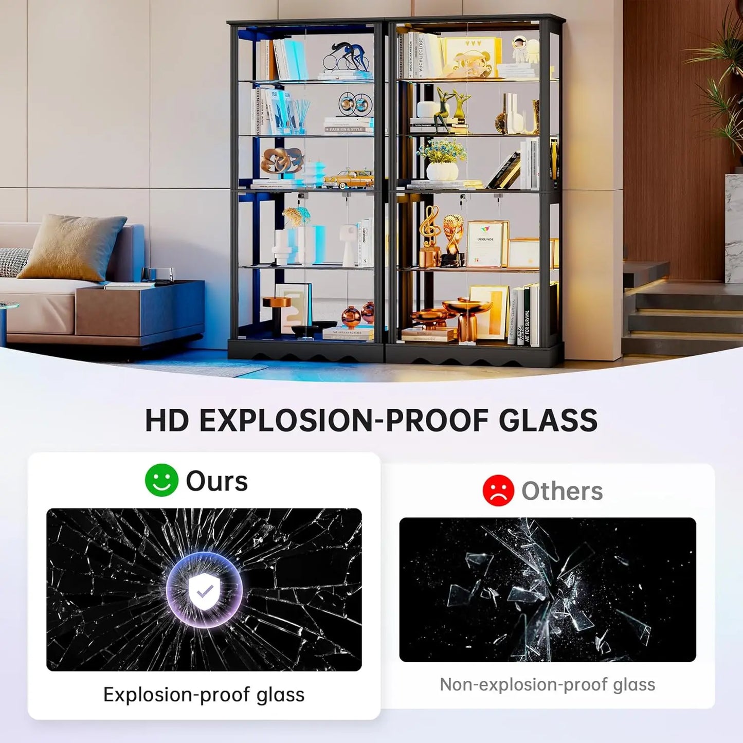 71" Tall Glass Display Cabinet with RGB Lights & Motion Sensor, 5-Tier Curio Case for Collectibles, Figures, Books