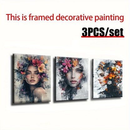 2D Flat, 3pcs wooden framed canvas painting