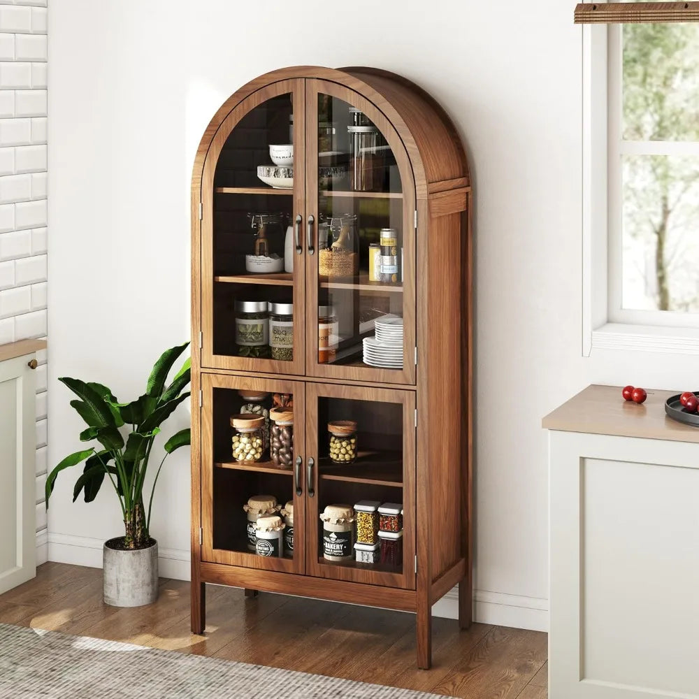 70.9'' Arched Kitchen Pantry Cabinet with Acrylic Glass Doors, 5-Tier Shelves, Walnut Finish