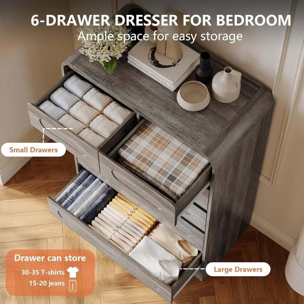 Grey Dresser for Bedroom with 6 Drawers,  Farmhouse Wood Closet
