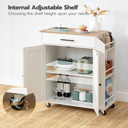 Rolling Kitchen Island with Power Outlet Spice Rack & Drawer Natural & White