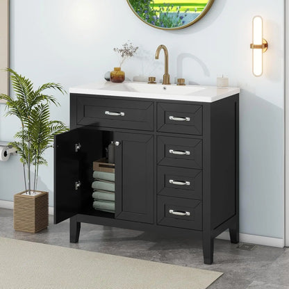 36in Wood Bathroom Vanity with Sink 3 Drawer Storage Adjustable Shelf Natural, Customized,  6 different colors