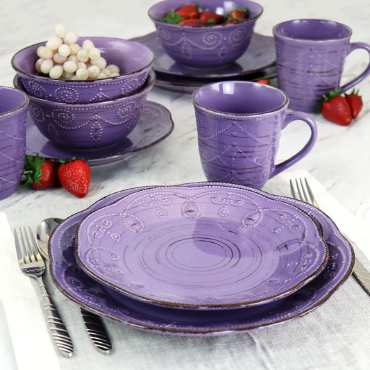 Rustic Birch 16 Piece Stoneware Dinnerware Set in Purple