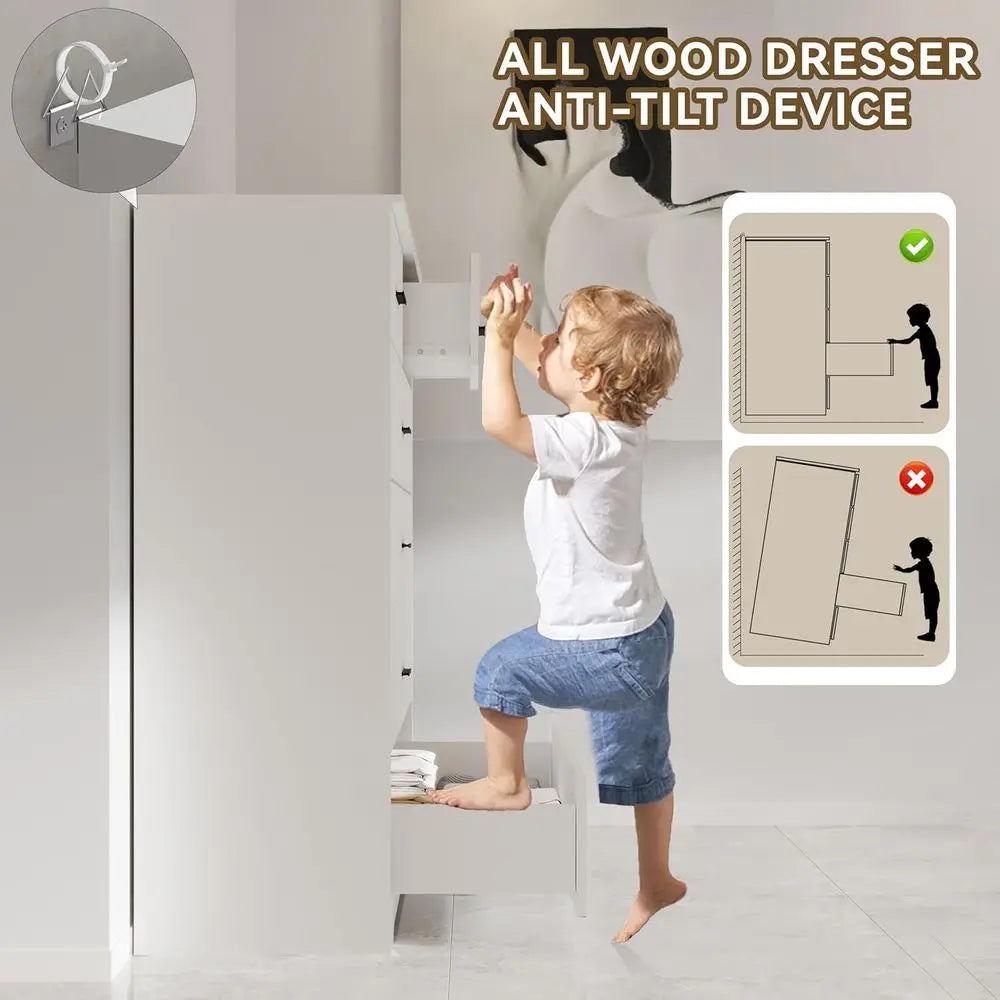 Wooden 6-Drawer Cabinet with Power Outlets and Large White Storage Organizer for Closets, Bedrooms, and Hallways