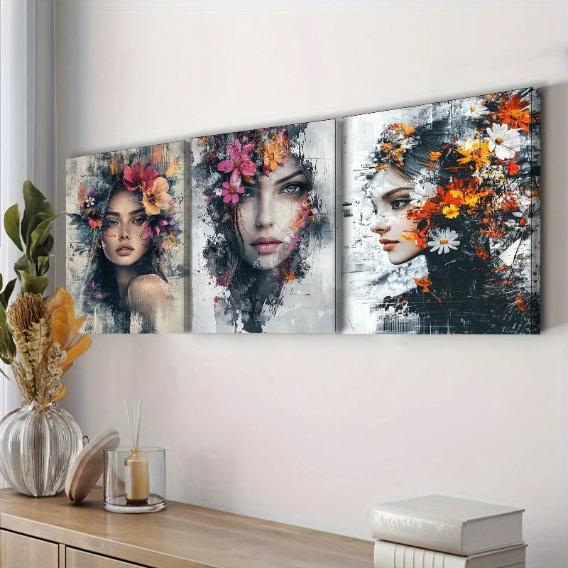 2D Flat, 3pcs wooden framed canvas painting