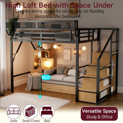 Full Size Loft Bed With Stairs And Storage, Metal Loft Bed Frame WithLarge Under-Bed Space