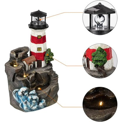 23" H Lighthouse Outdoor Water Fountain, Freestanding  with Rotating Led Light, 4-Tier Modern Water Feature