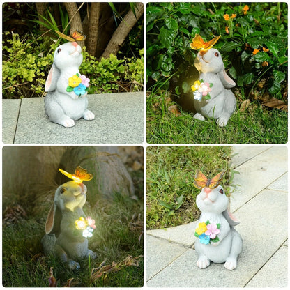 Solar Bunny Statue Garden Decor with Butterfly LED Light Resin Animal Figurine for Garden Courtyard