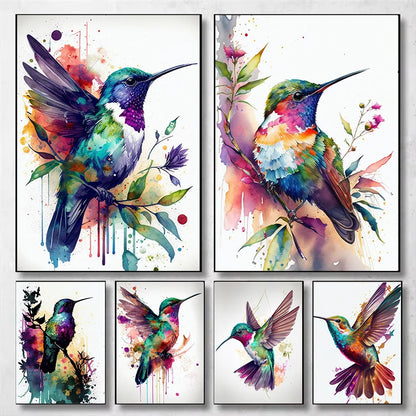 Watercolor Hummingbird Flower Wall Art
