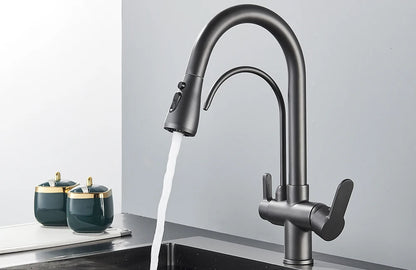 Quyanre Matte Black Filtered Crane For Kitchen Pull Out Spray 360 Rotation Water Sink Mixer Kitchen Faucet