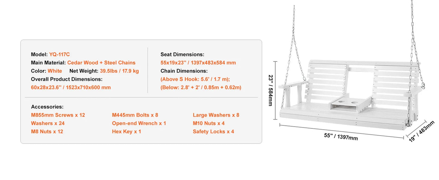 SucceBuy Wooden Porch Swing 5 ft  for Courtyard Garden  880 lbs Strong Load Capacity Chair Bench