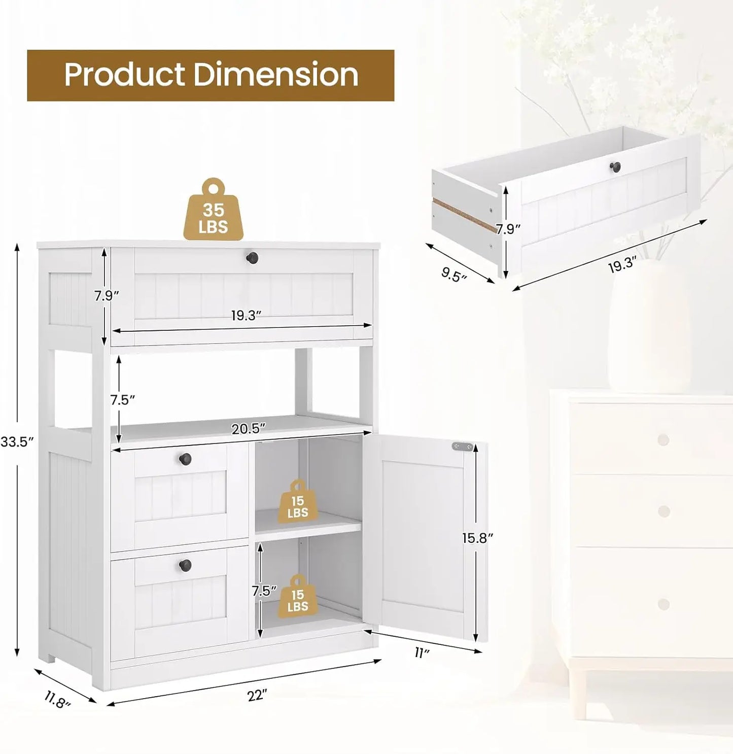 Bathroom  Storage Cabinet Organizer with 1 Door and 3 Drawers, Freestanding Cupboard