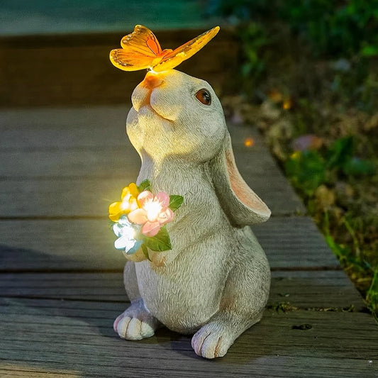 Solar Bunny Statue Garden Decor with Butterfly LED Light Resin Animal Figurine for Garden Courtyard