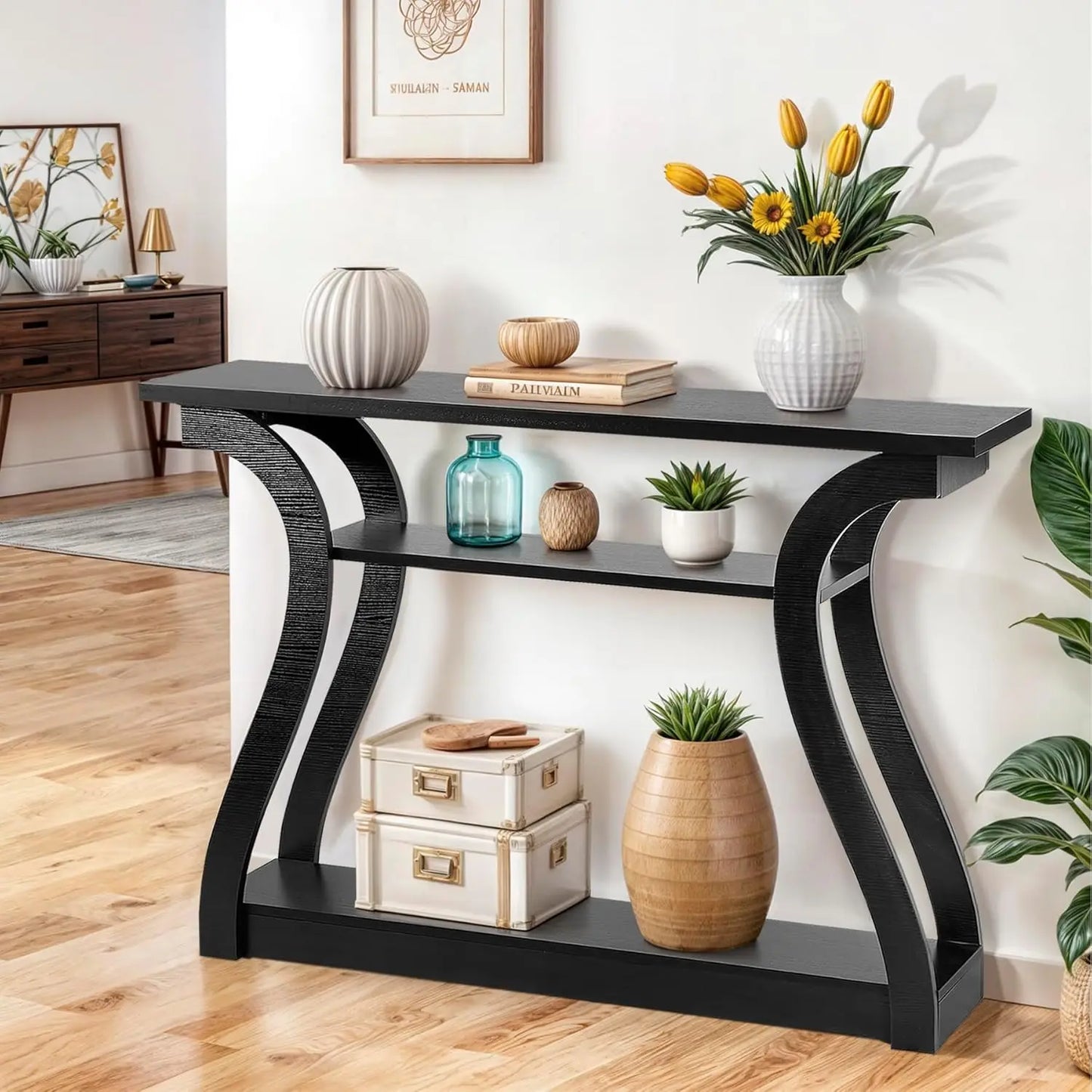 Wood Console Table 3 Tier Narrow Entryway Table with Curved Frame and 2 Open Storage Shelves