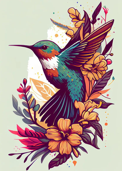 Watercolor Hummingbird Flower Wall Art