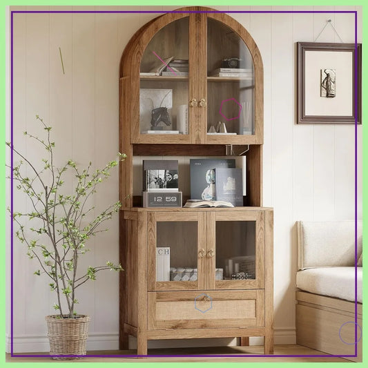75" Arched Pantry Cabinet with Anti-Tipping Device, Glass Door & Open Storage for Kitchen Dining
