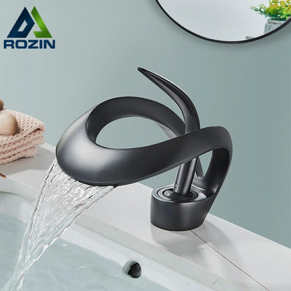 Rozin Luxury Black Basin Faucet Grey Bathroom Waterfall Mixer Tap Brass Deck Mount Modern Style