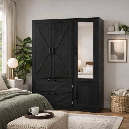 3 Door Armoire Wardrobe Closet with 2 Drawers, Hanging Rod & Lights,,