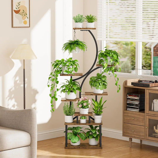 Plant Stands for Indoor Growing, 8 Tiered Large Flower Holder, S-Shaped Decorative Rack for Living Room, Brown