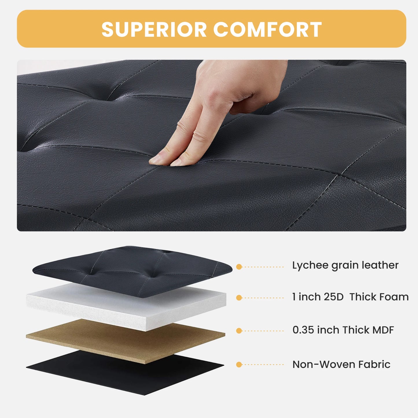 JHK 43 Inches Leather Folding Ottoman Storage Footstool For Living Room