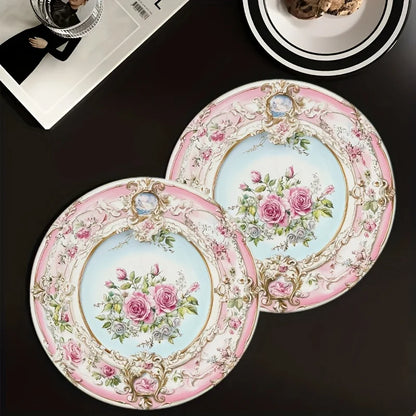 VIKAMA 4PC European Rose Meal Mat Light Blue Bottom Pink Round Table Decoration and Accessories