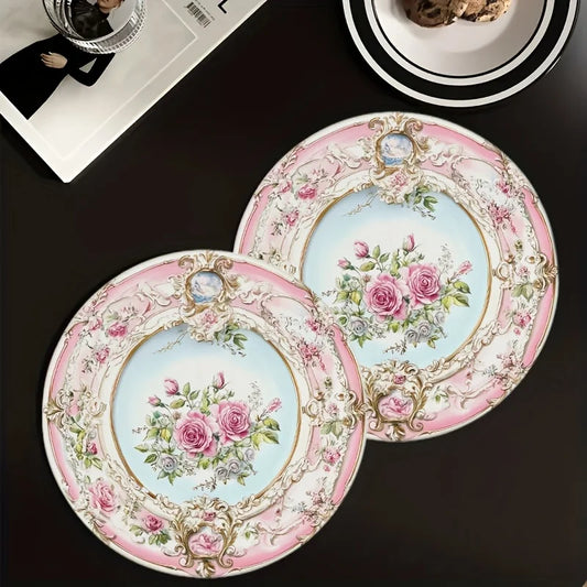 VIKAMA 4PC European Rose Meal Mat Light Blue Bottom Pink Round Table Decoration and Accessories
