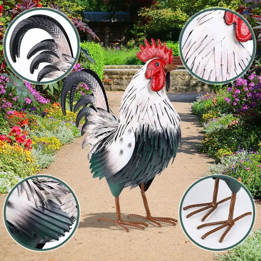 Rooster Garden Statue Sculpture Metal Chicken Yard Decor Outdoor Figurines Patio Backyard Decoration