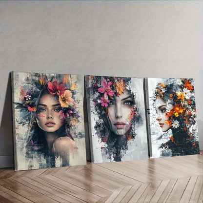 2D Flat, 3pcs wooden framed canvas painting