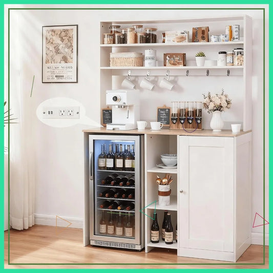 Mini Fridge Cabinet with Storage, Coffee Bar & Power Outlet - Kitchen Beverage Station