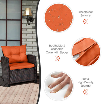3 PCS Patio Rattan Furniture Set Cushioned  Sofa Orange