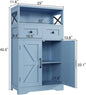 Farmhouse Blue Storage Cabinet with Barn Doors & Drawers, Kitchen Pantry Organizer for Home