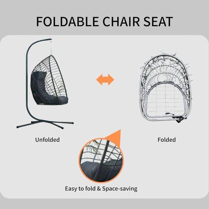 Hanging Egg Chair with Stand Indoor Outdoor, Foldable Rattan Wicker Hammock