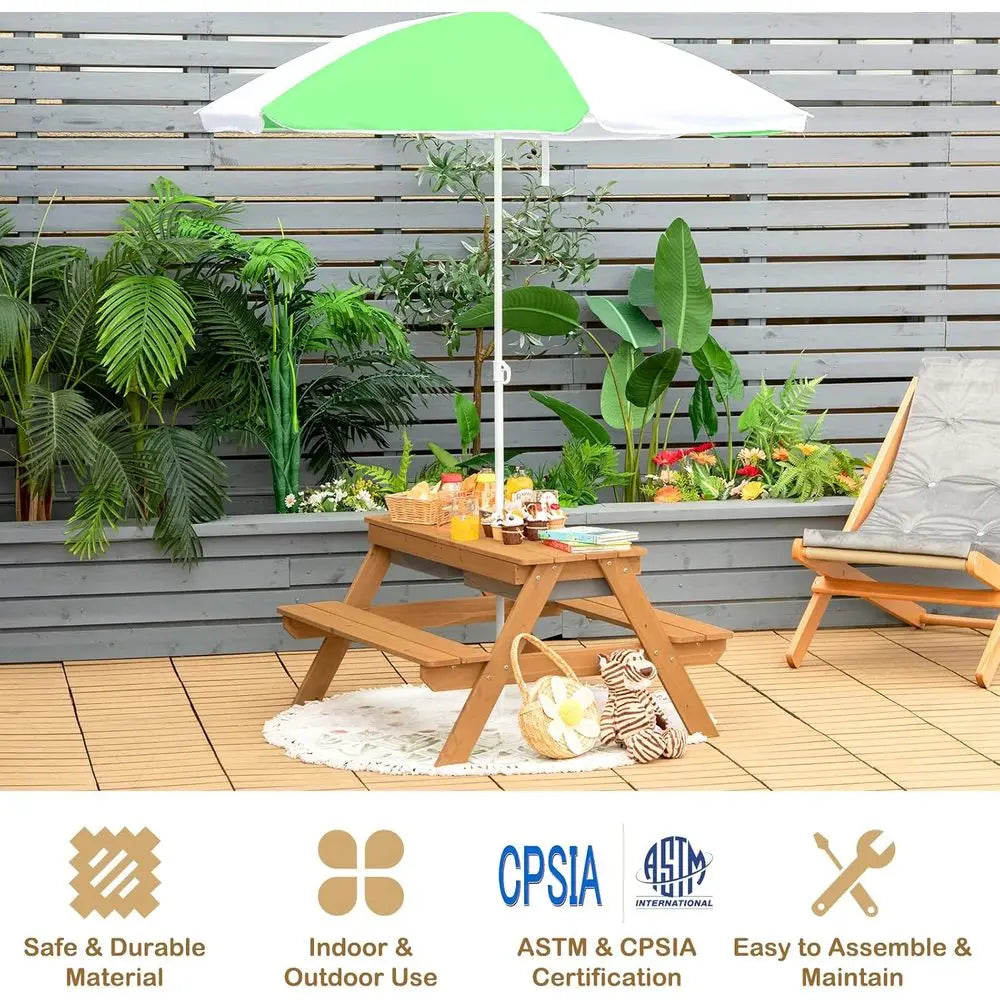 All-in-One Sand & Water Picnic Table with Adjustable Umbrella for Outdoor Play and Patio Use