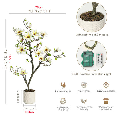 Artificial Magnolia Plant Faux Flower Trees  with LED Light for Yard Patio Home