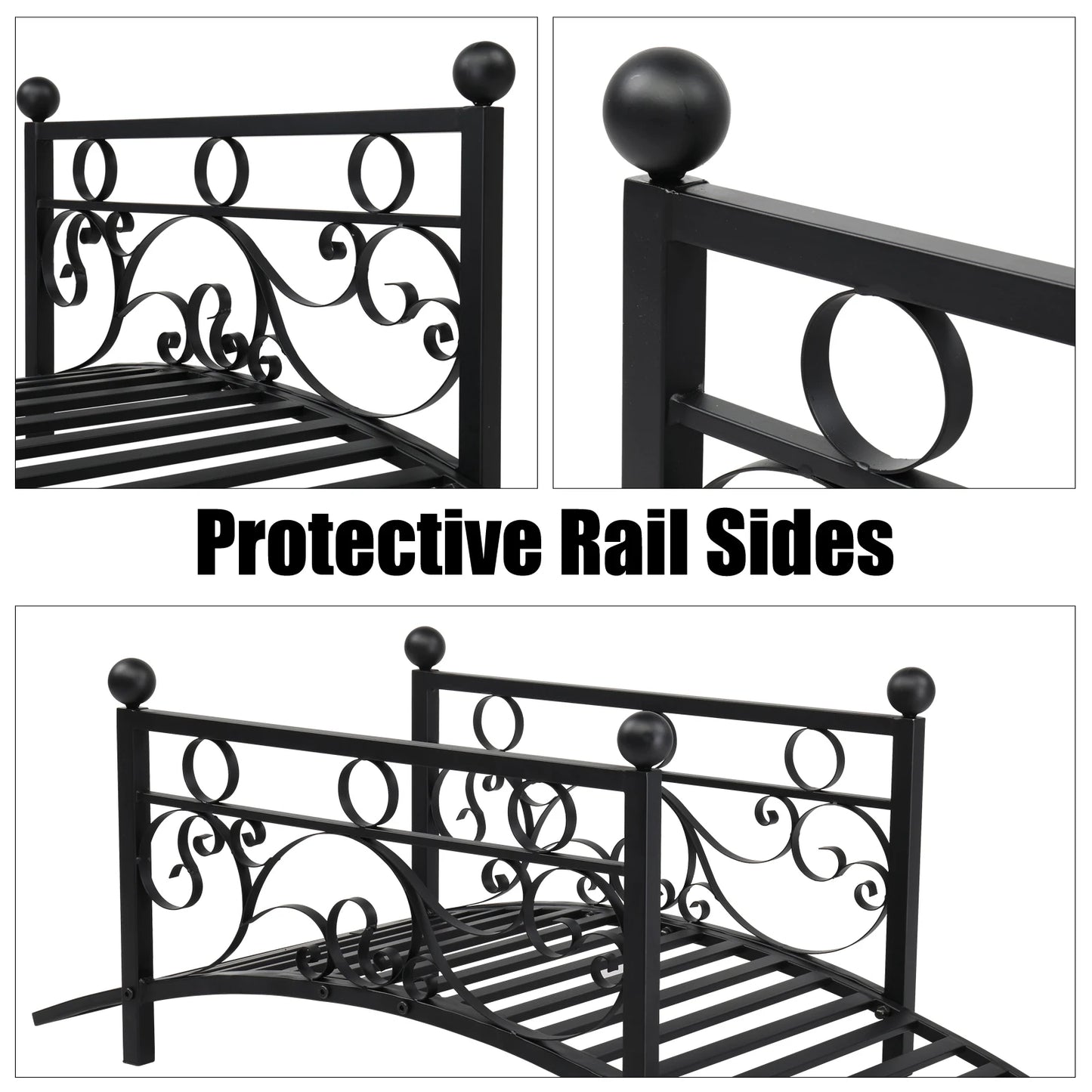 Garden iron bridge, with round iron ball flat-top handrails, black