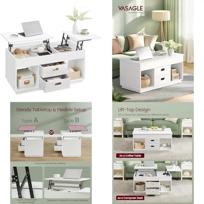 Lift Top Coffee Table with Drawers and Hidden Storage, Center Table