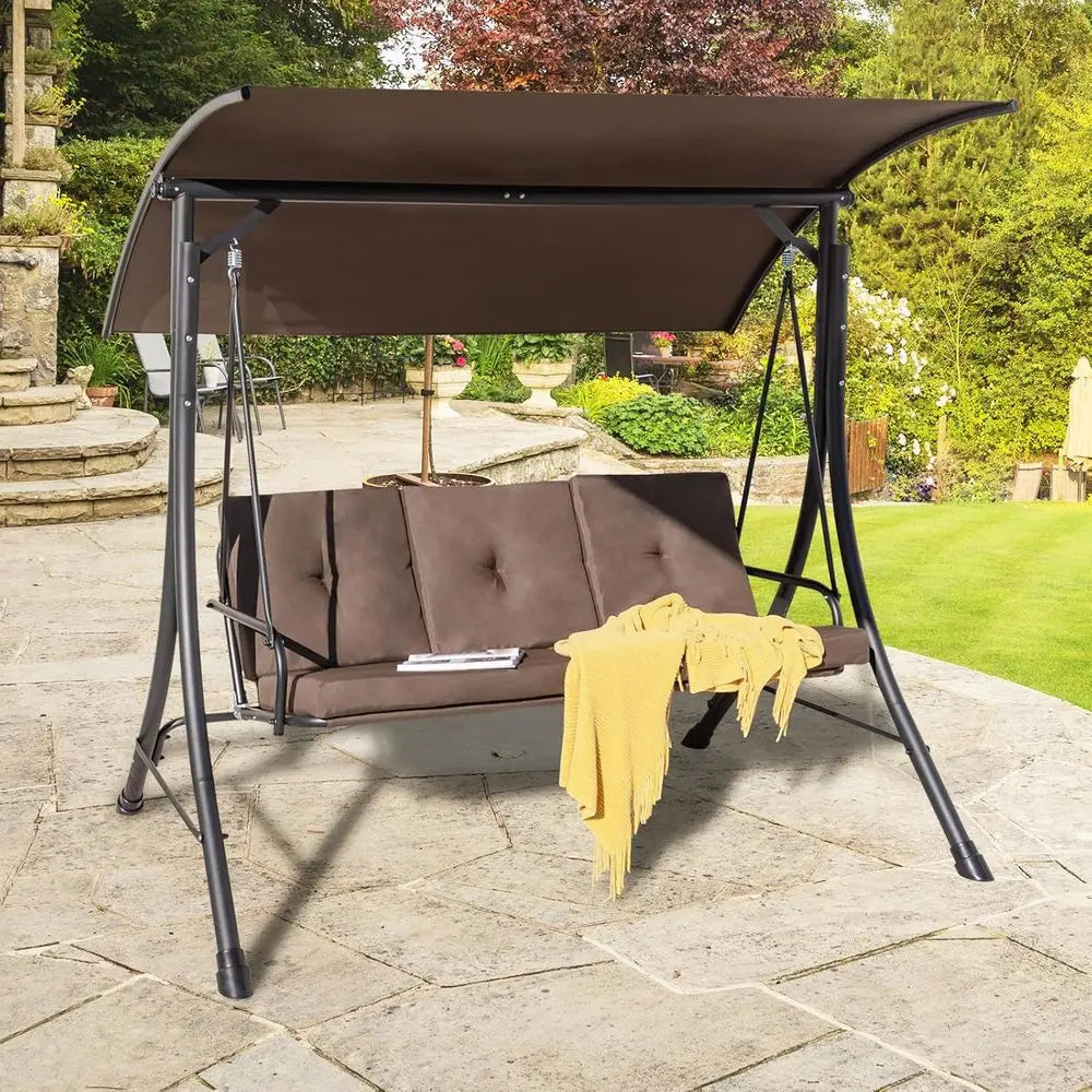 Person Porch Swing, Outdoor Swing with Removable Cushions, Solid Steel Structure, with Adjustable Canopy for Garden,