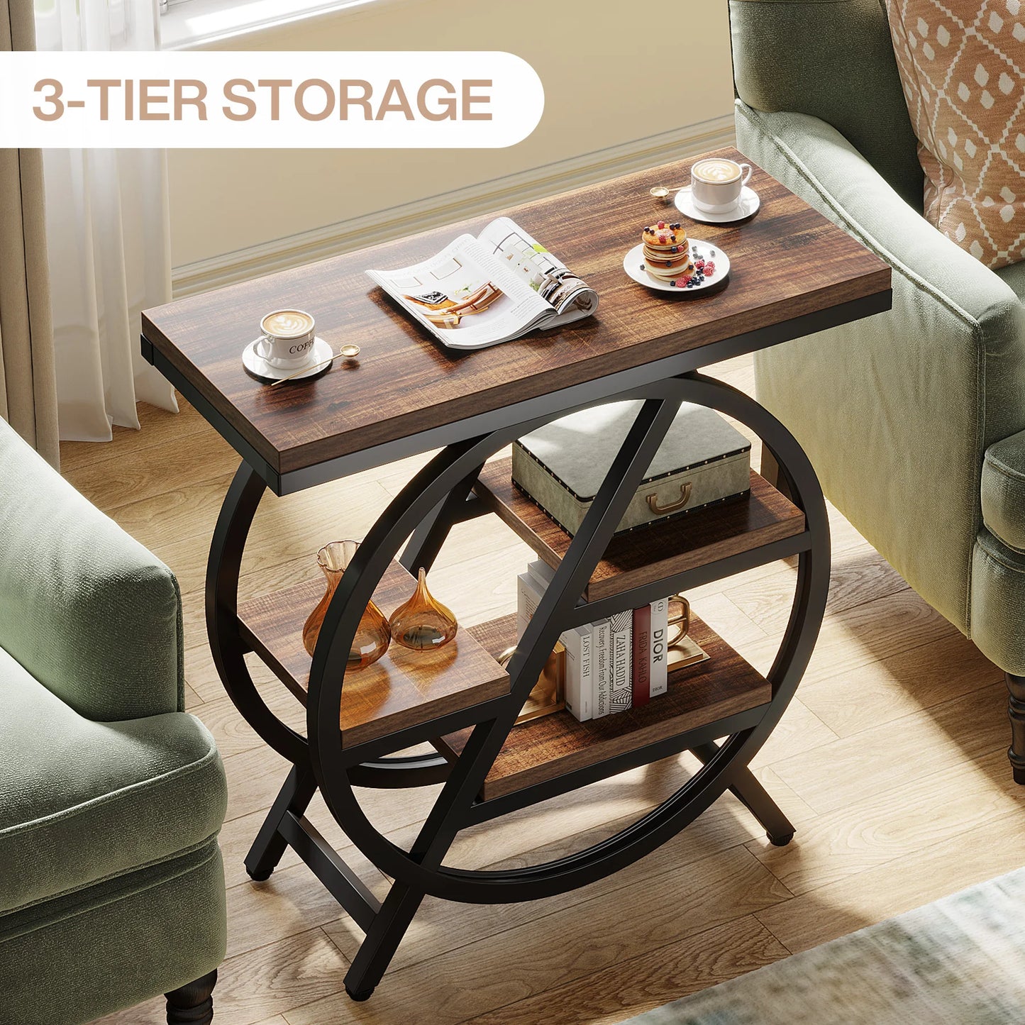 Tribesigns End Table, Narrow End Table with 3 Storage Shelves,