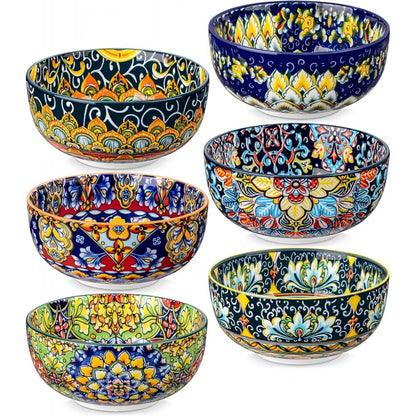 Bohemian Ceramic Bowl Set of 6 (28 Oz) - Colorful Soup, Cereal, Pasta, Salad, Fruit Bowls