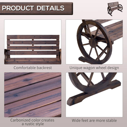Outdoor Rustic Fir Wood Bench with Wagon Wheel Armrests Weather Resistant 550 Lbs Capacity 2 Seater