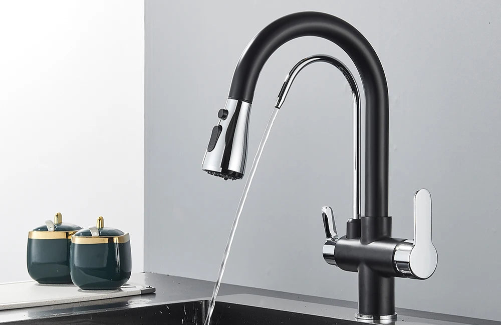 Quyanre Matte Black Filtered Crane For Kitchen Pull Out Spray 360 Rotation Water Sink Mixer Kitchen Faucet