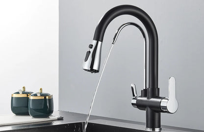Quyanre Matte Black Filtered Crane For Kitchen Pull Out Spray 360 Rotation Water Sink Mixer Kitchen Faucet