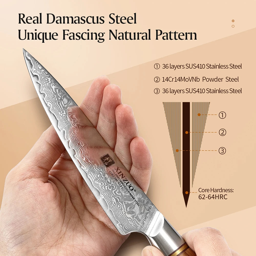XINZUO 1-8pcs Kitchen Knife Set 73 Layers Custom Damascus Steel  with Olive Wood Handle