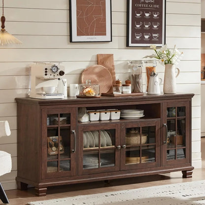 Large Sideboard Buffet Cabinet with Storage, Vintage Farmhouse Cabinets with Glass Doors