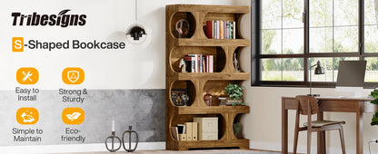 Tribesigns 71" Tall Bookcase, 4-Tier S-Shaped Bookshelf, Wood Modern Freestanding Display Shelves