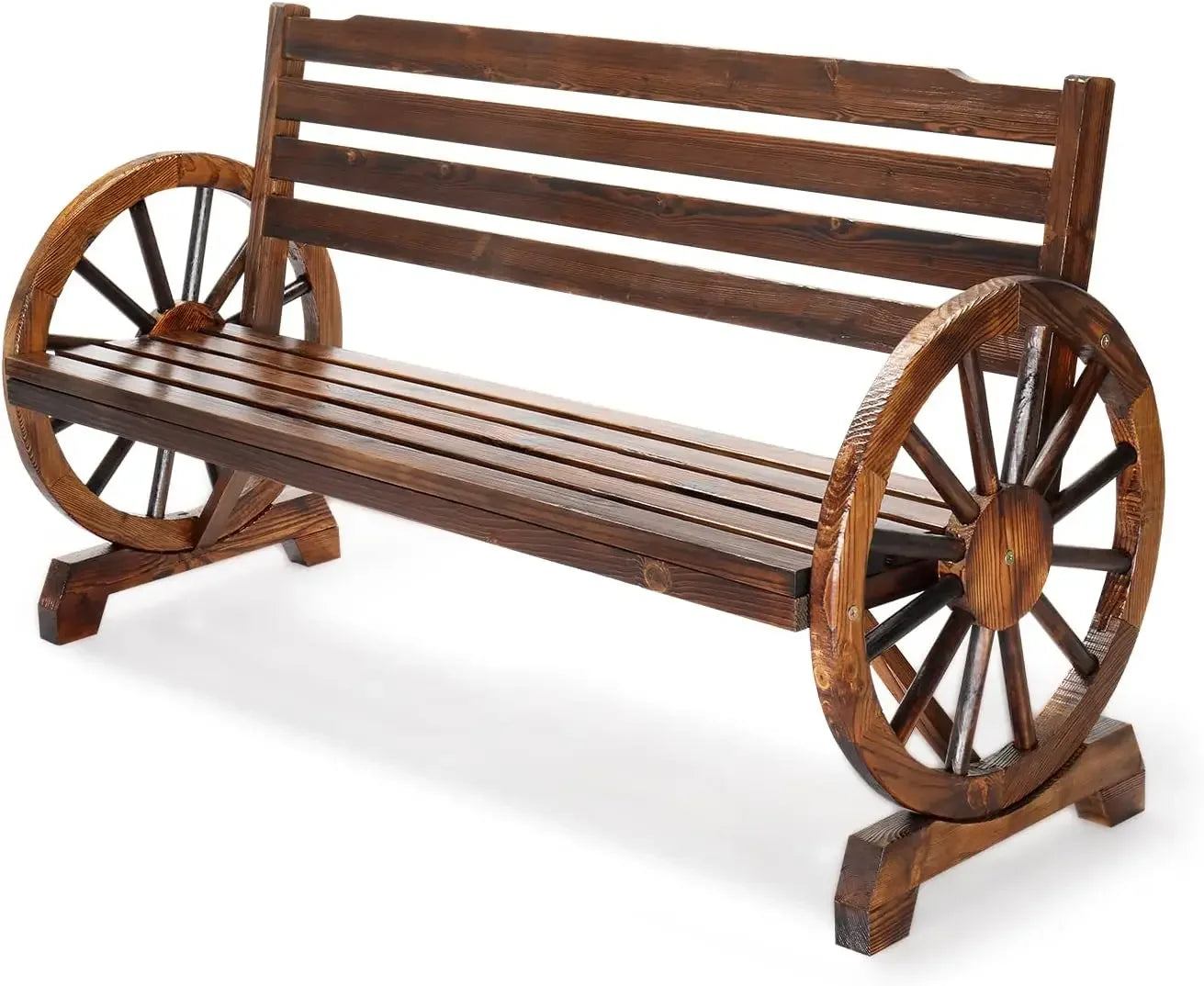 Outdoor Rustic Wooden Bench with Wagon Wheel Arms, Garden Bench